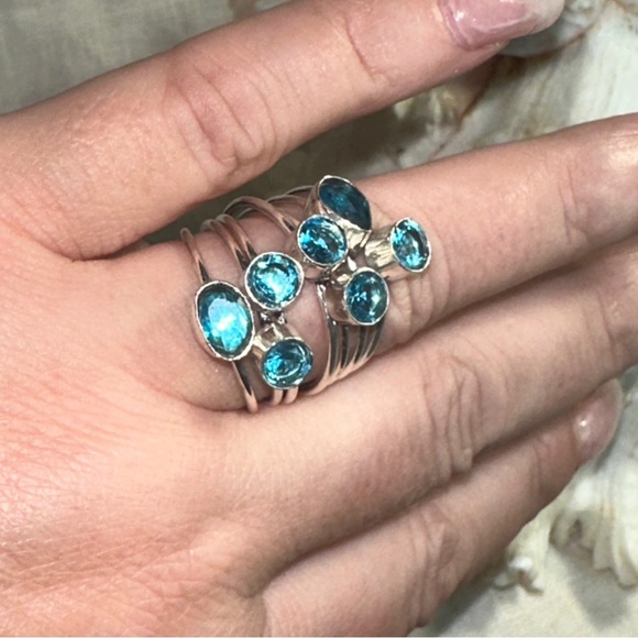 Blue Topaz multi-gem handcrafted adjustable ring - Picture 5 of 10